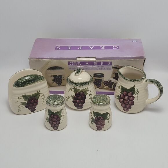 Alco Grapes 5 pc Ceramic Accessory Set Sugar Bowl Creamer Salt & Pepper Napkin - Picture 1 of 14